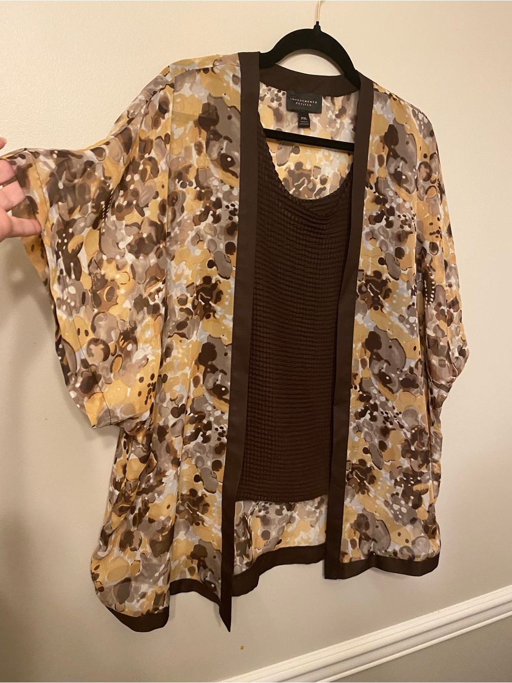 Investments Brown and Mustard Open-Front Printed Cardigan